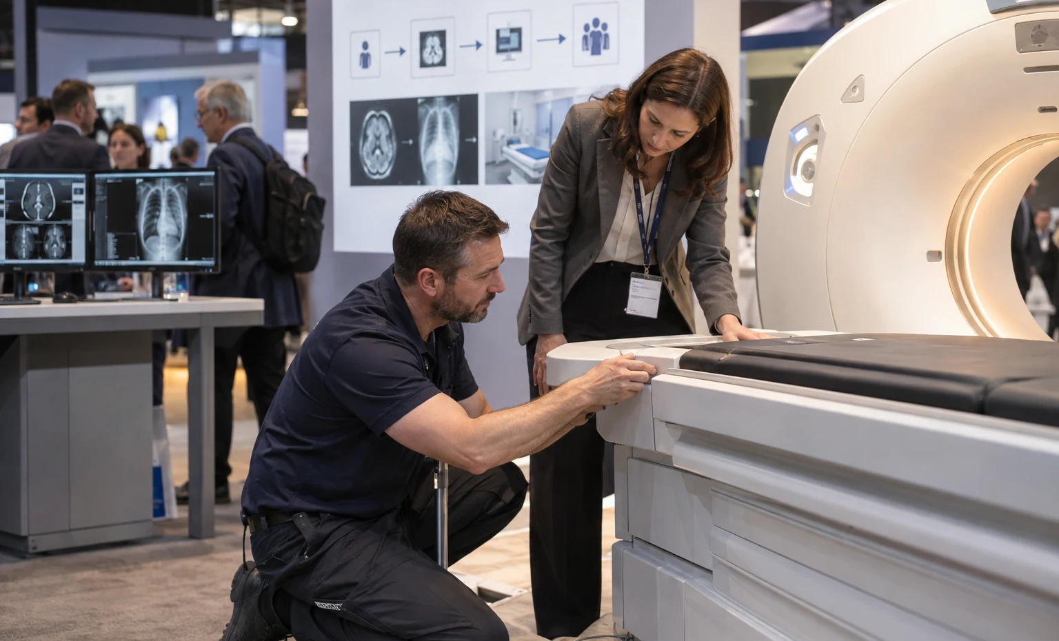 Imaging Department Leaders trade show booth a live demonstration counter positioned for clear aisle viewing with staff and visitors interacting