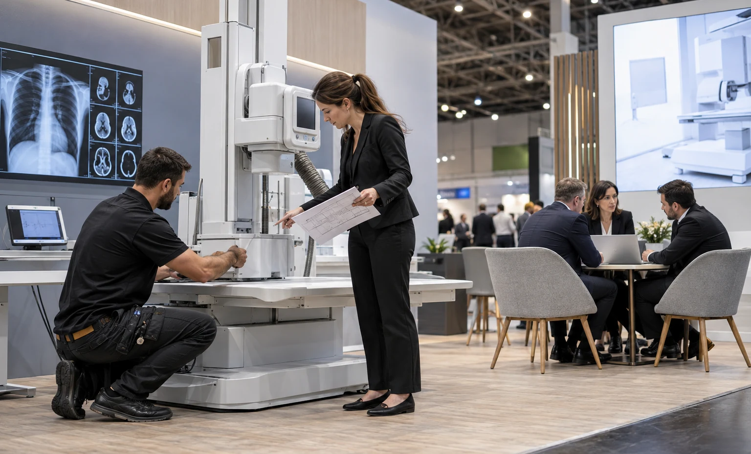 Administrators, Procurement and Partners trade show booth a practical meeting corner beside the product display with a table, chairs and presentation material