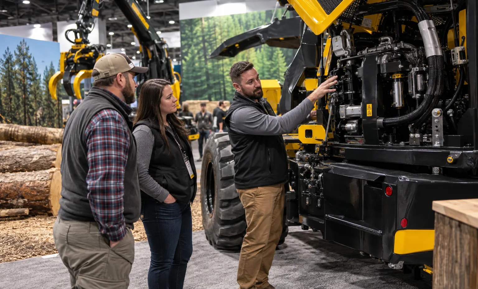 Connect the Equipment Schedule to the 3D Booth and Packing Record trade show booth a full-scale equipment demonstration on a stable booth platform with service access visible