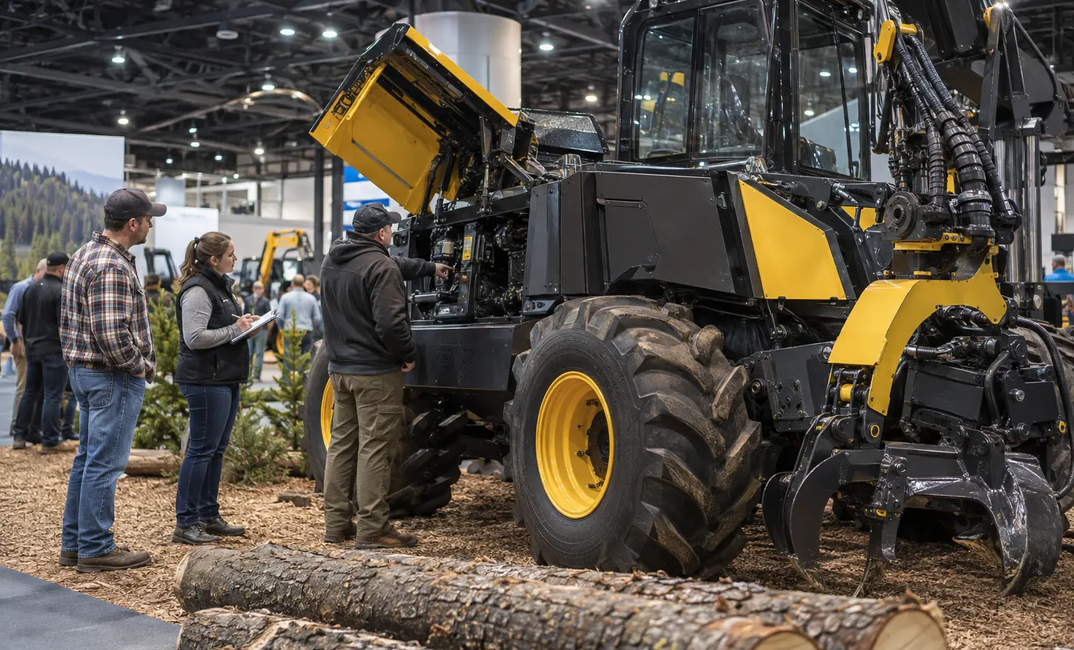 Harvesting, Loading and Material Handling trade show booth a full-scale equipment demonstration on a stable booth platform with service access visible