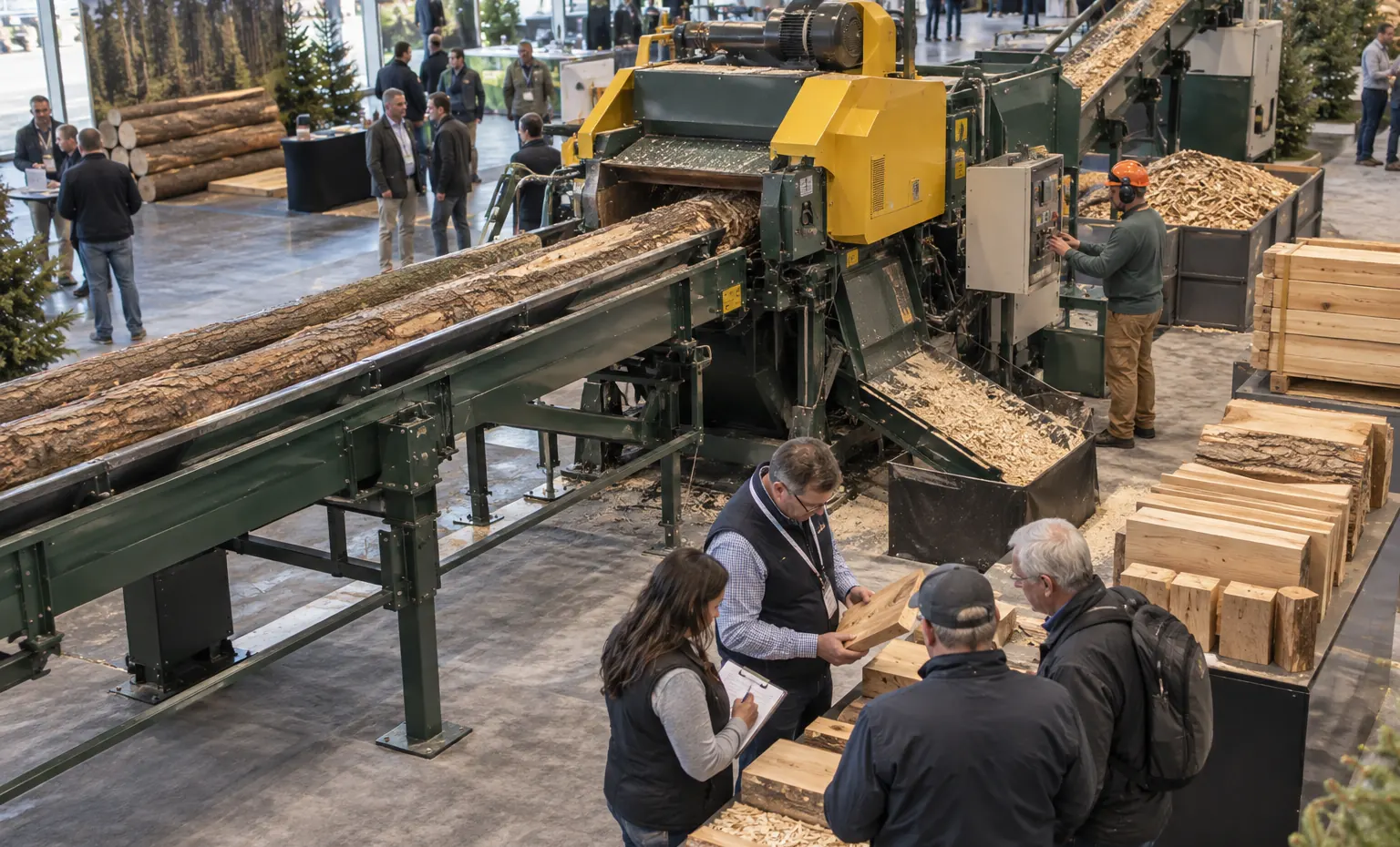 Mills, Processors and Production Systems trade show booth a full-scale equipment demonstration on a stable booth platform with service access visible