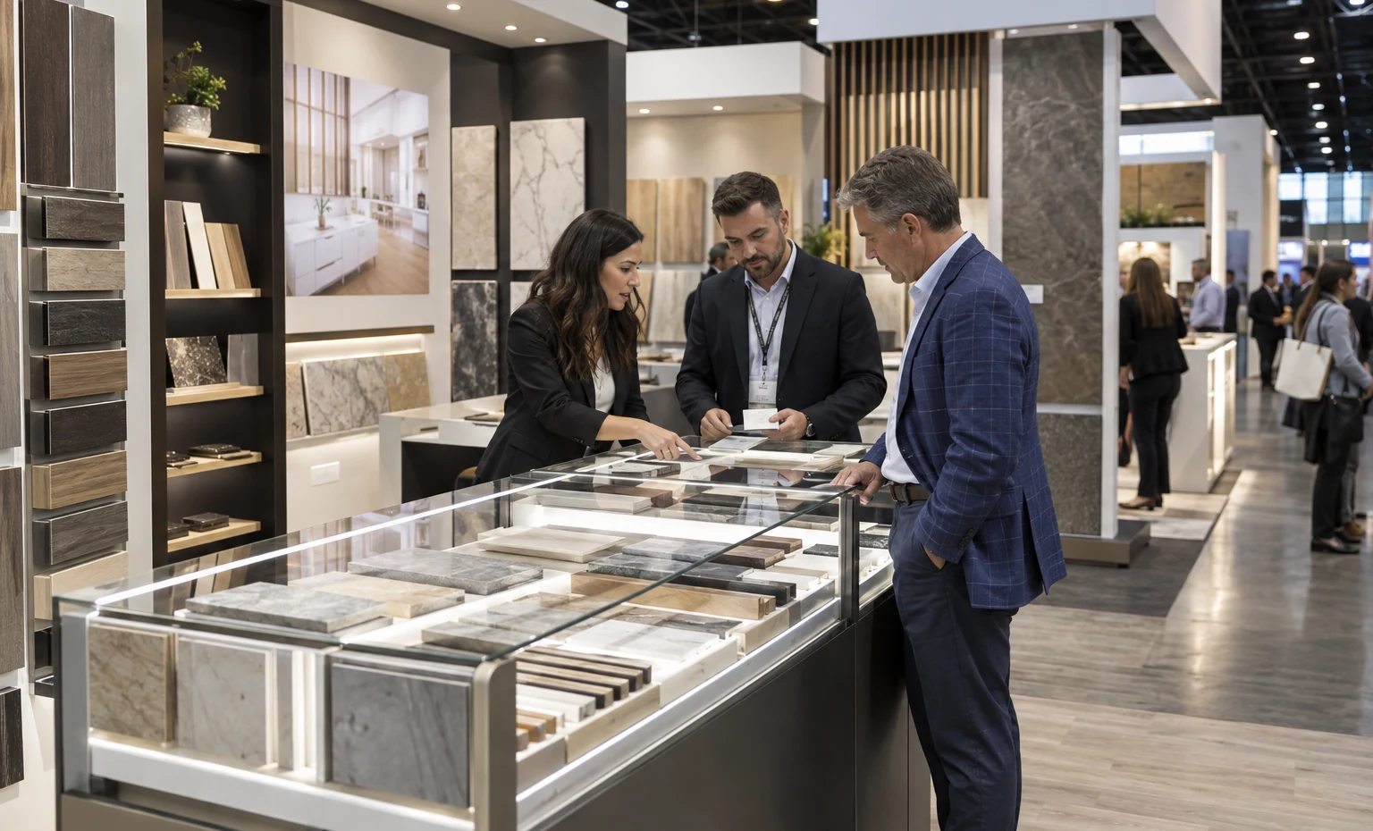 Build the Sample Displays Around the Approved Collection Plan trade show booth illuminated glass cases with carefully arranged merchandise trays and a buyer inspection area