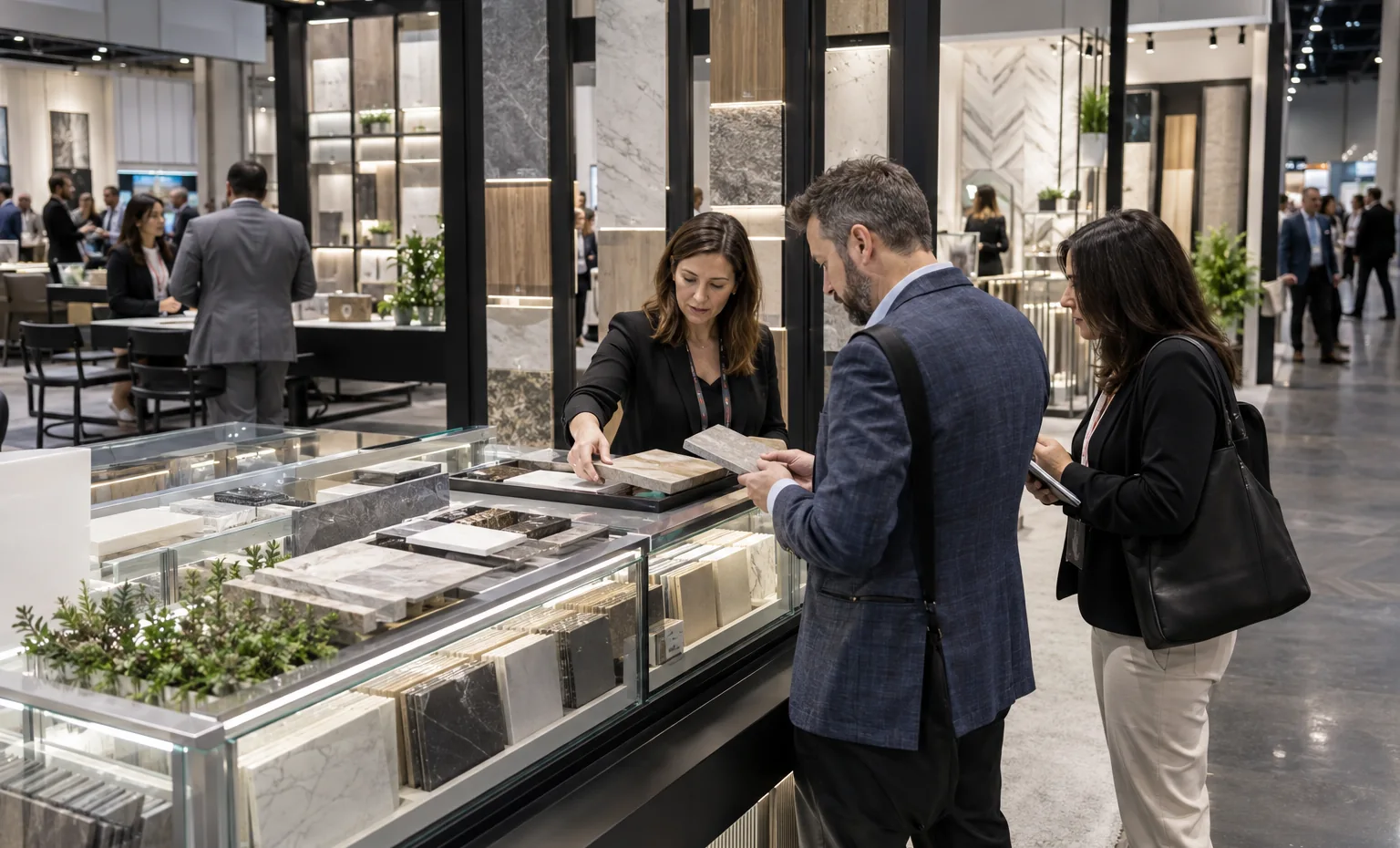 Build the Sample Displays Around the Approved Collection Plan trade show booth illuminated glass cases with carefully arranged merchandise trays and a buyer inspection area