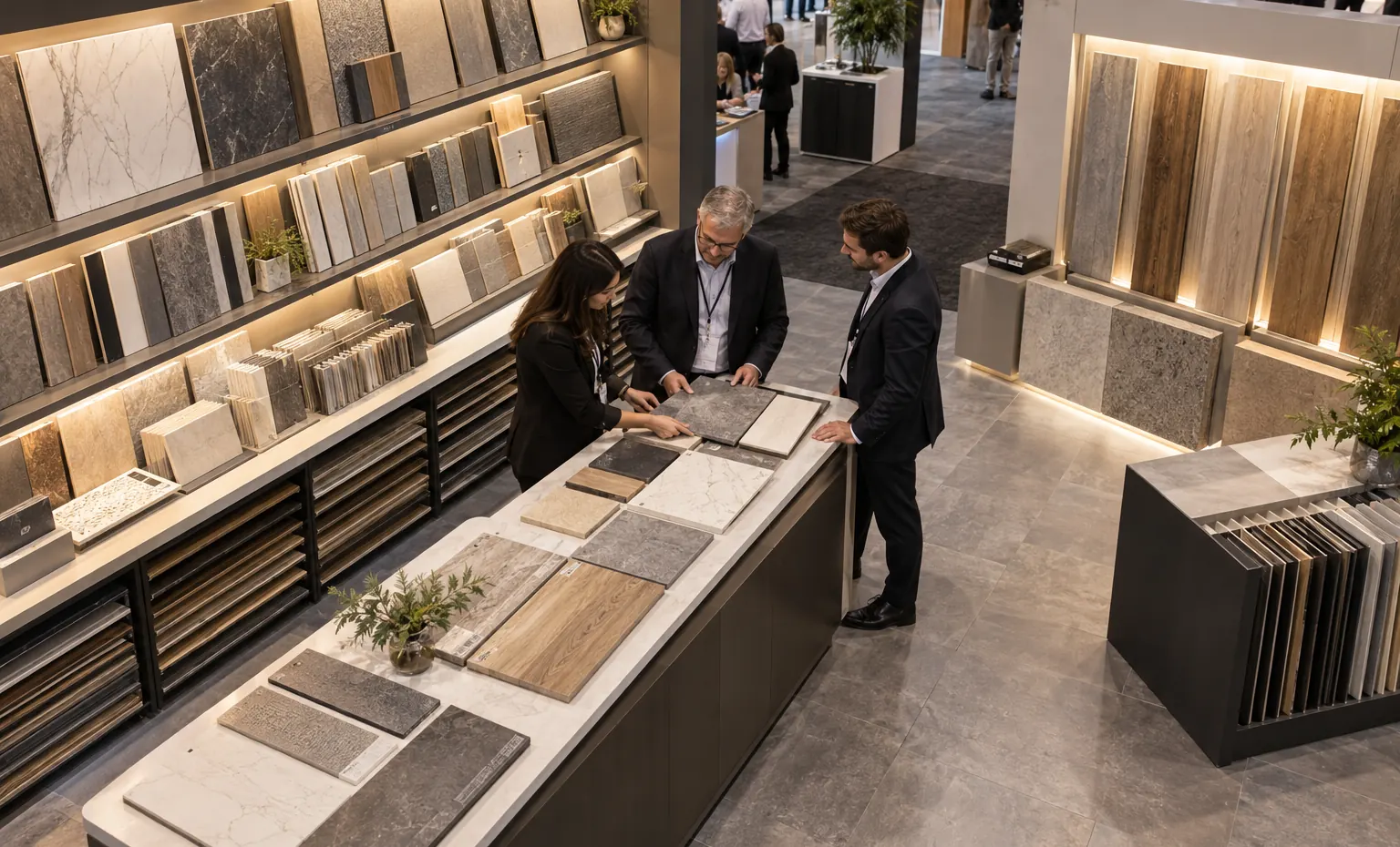 Make the Sample Library Fast for Staff to Use trade show booth illuminated glass cases with carefully arranged merchandise trays and a buyer inspection area
