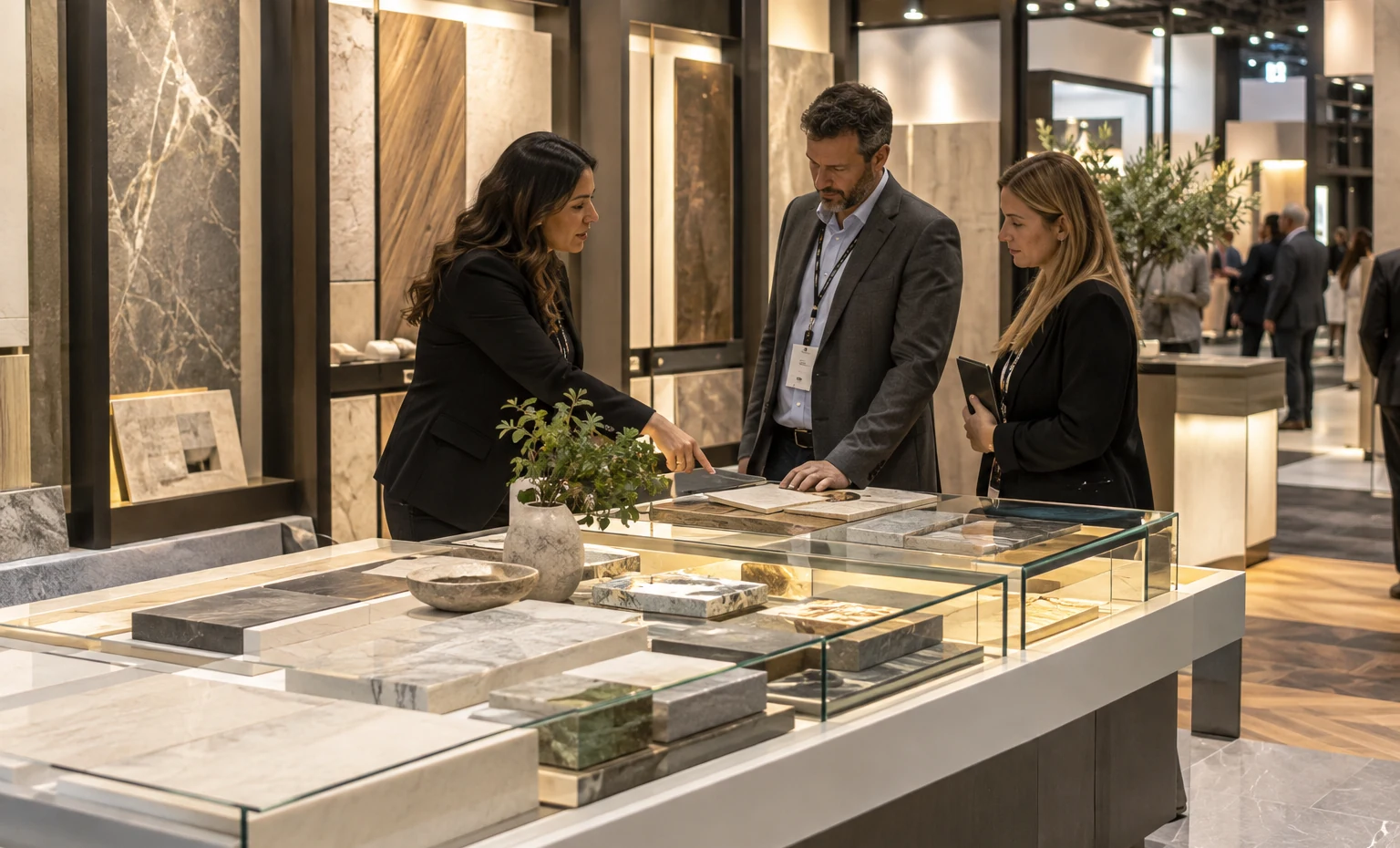 Browse by Look and Collection trade show booth illuminated glass cases with carefully arranged merchandise trays and a buyer inspection area