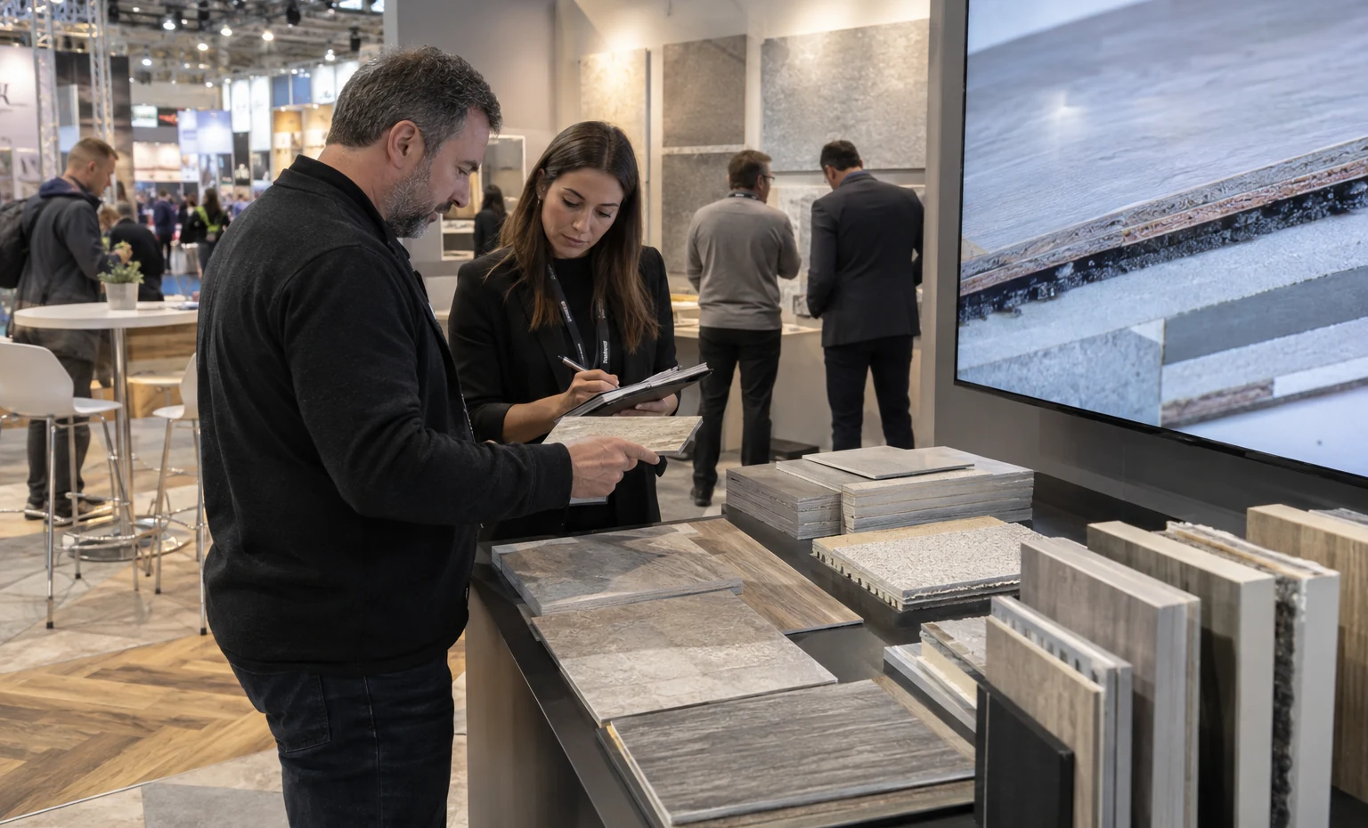 Compare Construction and Performance trade show booth an interactive screen and hardware demonstration with a clear operator position