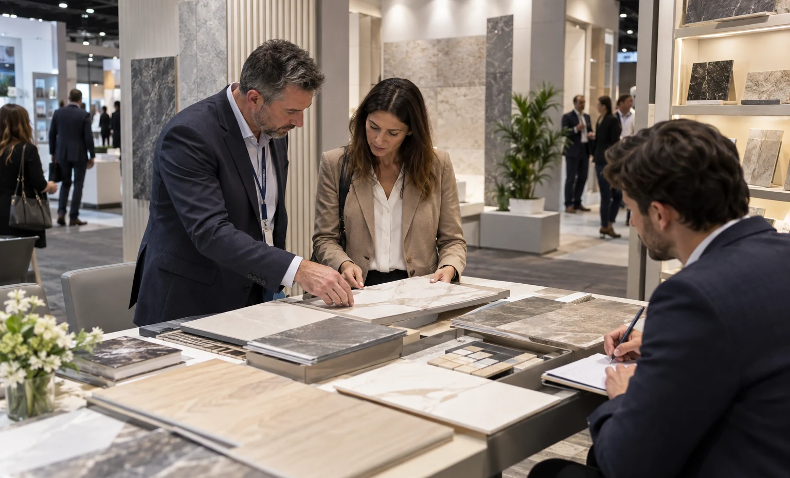 Discuss Dealer or Distribution Programs trade show booth illuminated glass cases with carefully arranged merchandise trays and a buyer inspection area