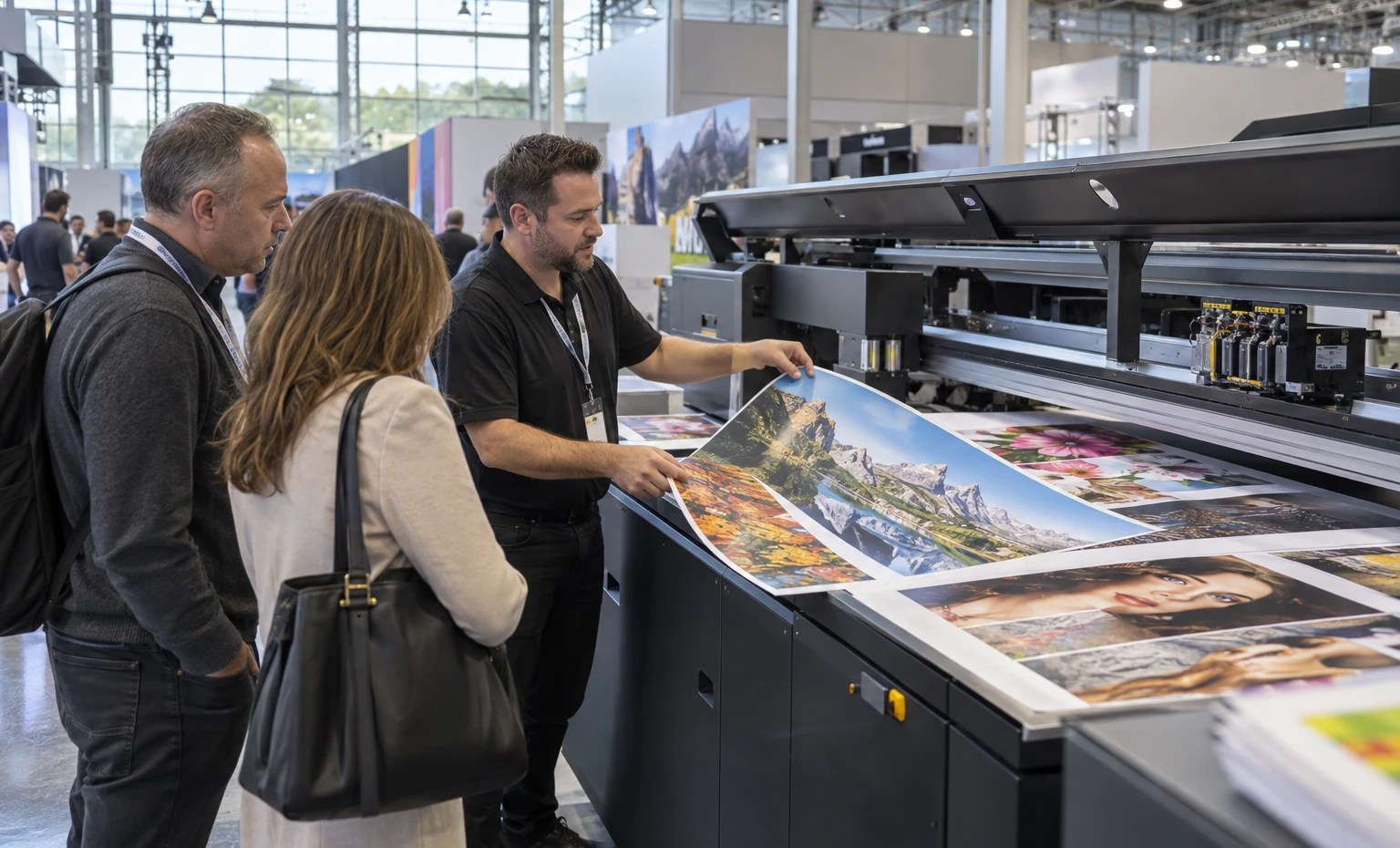 Give Every Sample a Production Story trade show booth a full-scale equipment demonstration on a stable booth platform with service access visible