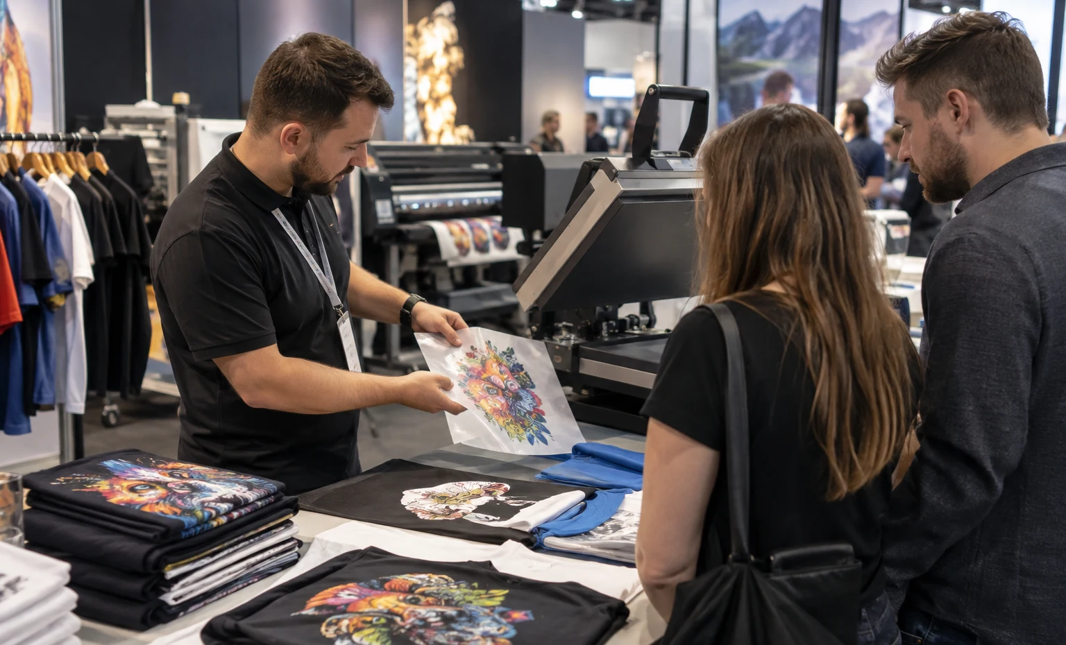 Apparel and Textile Decoration trade show booth a full-scale equipment demonstration on a stable booth platform with service access visible