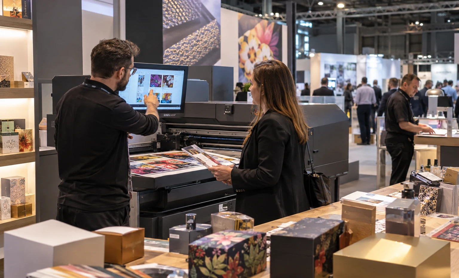 Packaging, Labels and Embellishment trade show booth an interactive screen and hardware demonstration with a clear operator position