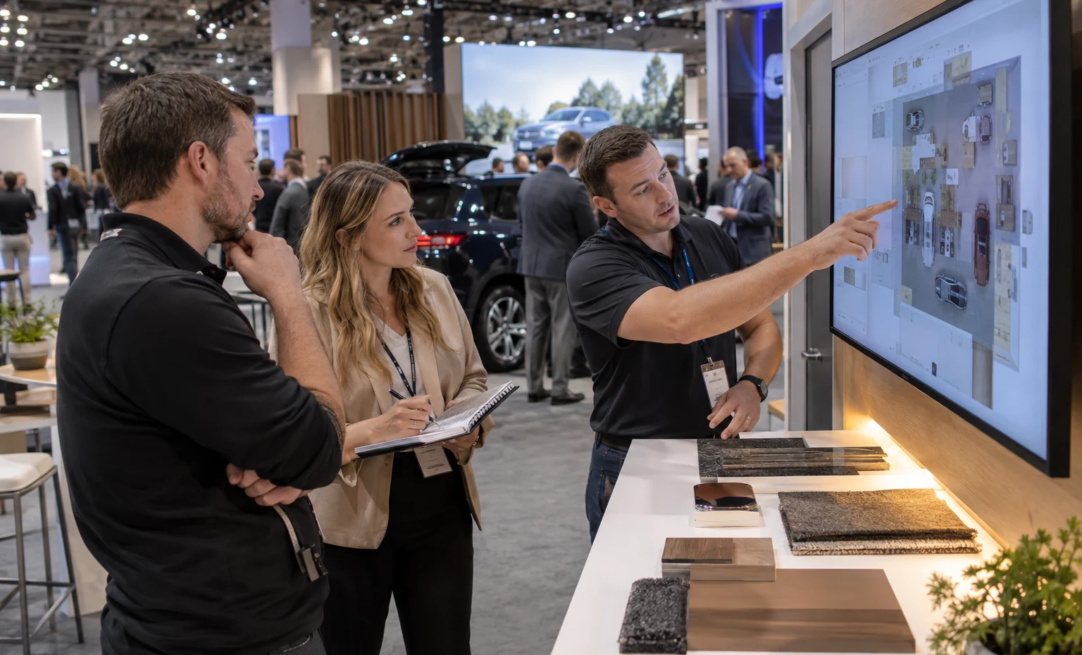 Turn the Dealer Demo Schedule into a Buildable Floor Plan trade show booth an interactive screen and hardware demonstration with a clear operator position