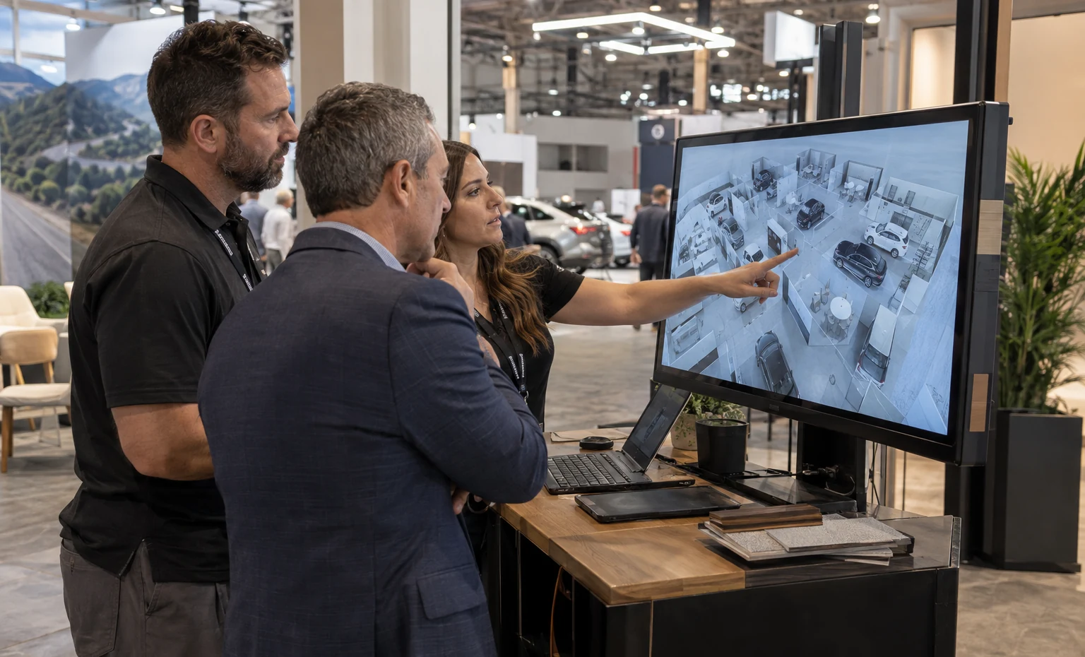 Turn the Dealer Demo Schedule into a Buildable Floor Plan trade show booth an interactive screen and hardware demonstration with a clear operator position