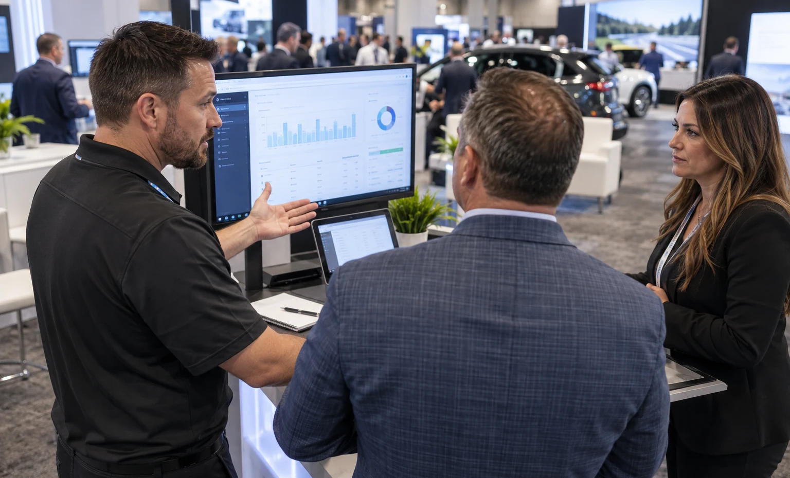 Begin Every Demo with the Dealer's Job trade show booth an interactive screen and hardware demonstration with a clear operator position