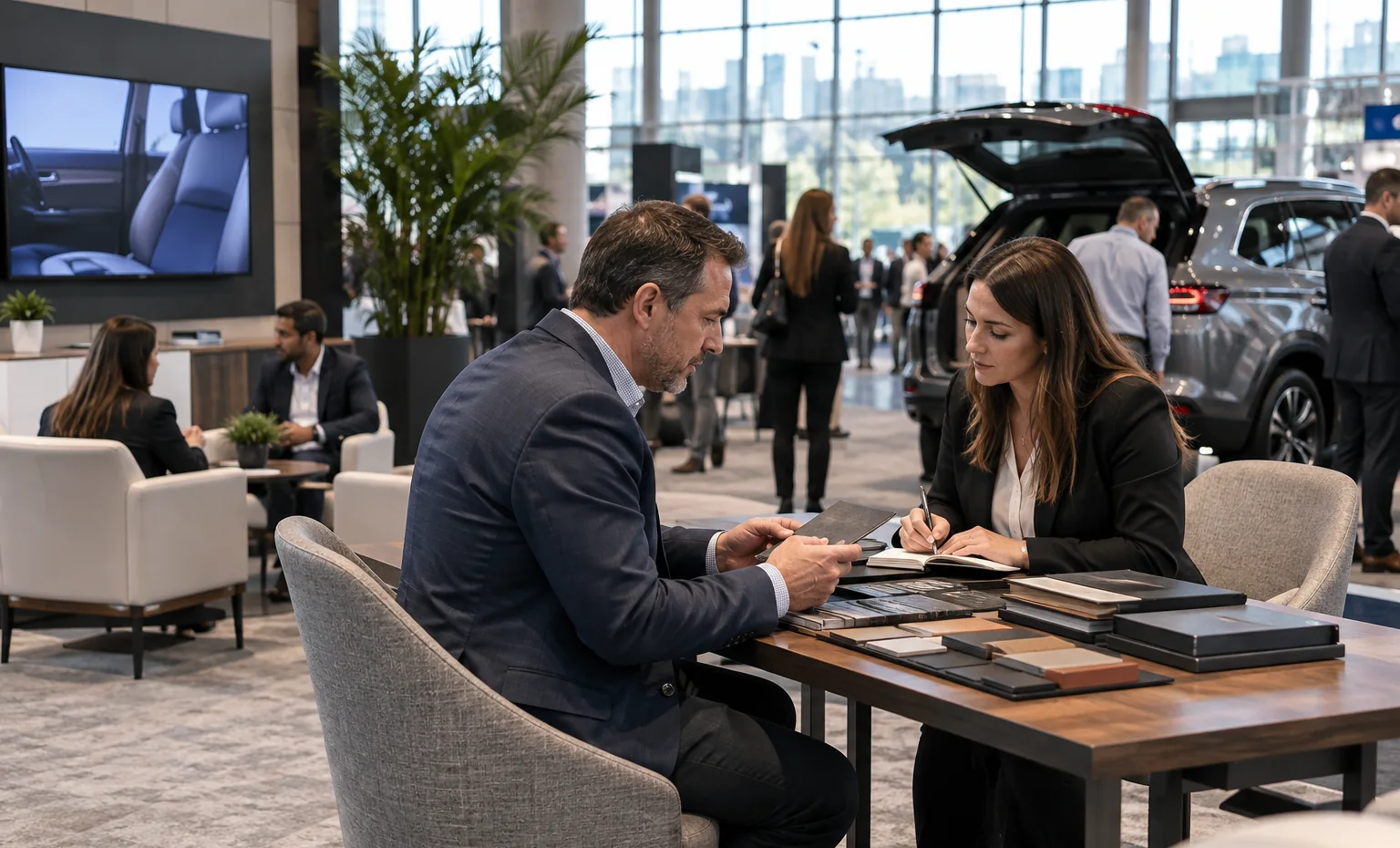 Design the Booth Around the Appointment Calendar trade show booth a practical meeting corner beside the product display with a table, chairs and presentation material