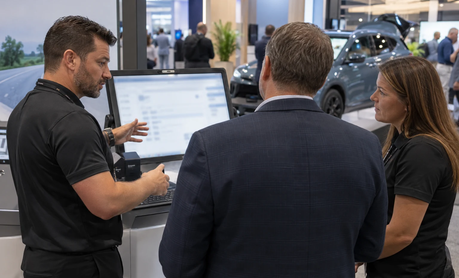 Keep Dealer Data Out of the Public Demo trade show booth an interactive screen and hardware demonstration with a clear operator position