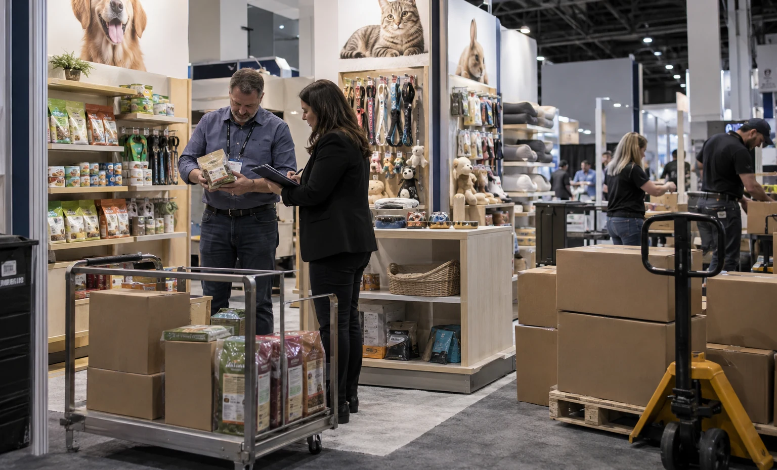 Carry the SKU Map from Design into Packing trade show booth a realistic back-of-booth logistics and storage operation with cases, carts and organized components