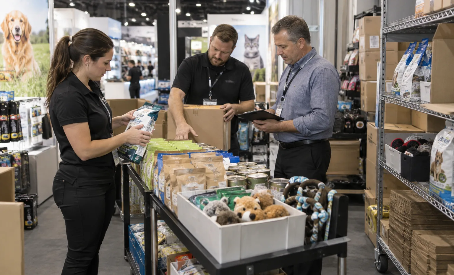 Carry the SKU Map from Design into Packing trade show booth a realistic back-of-booth logistics and storage operation with cases, carts and organized components