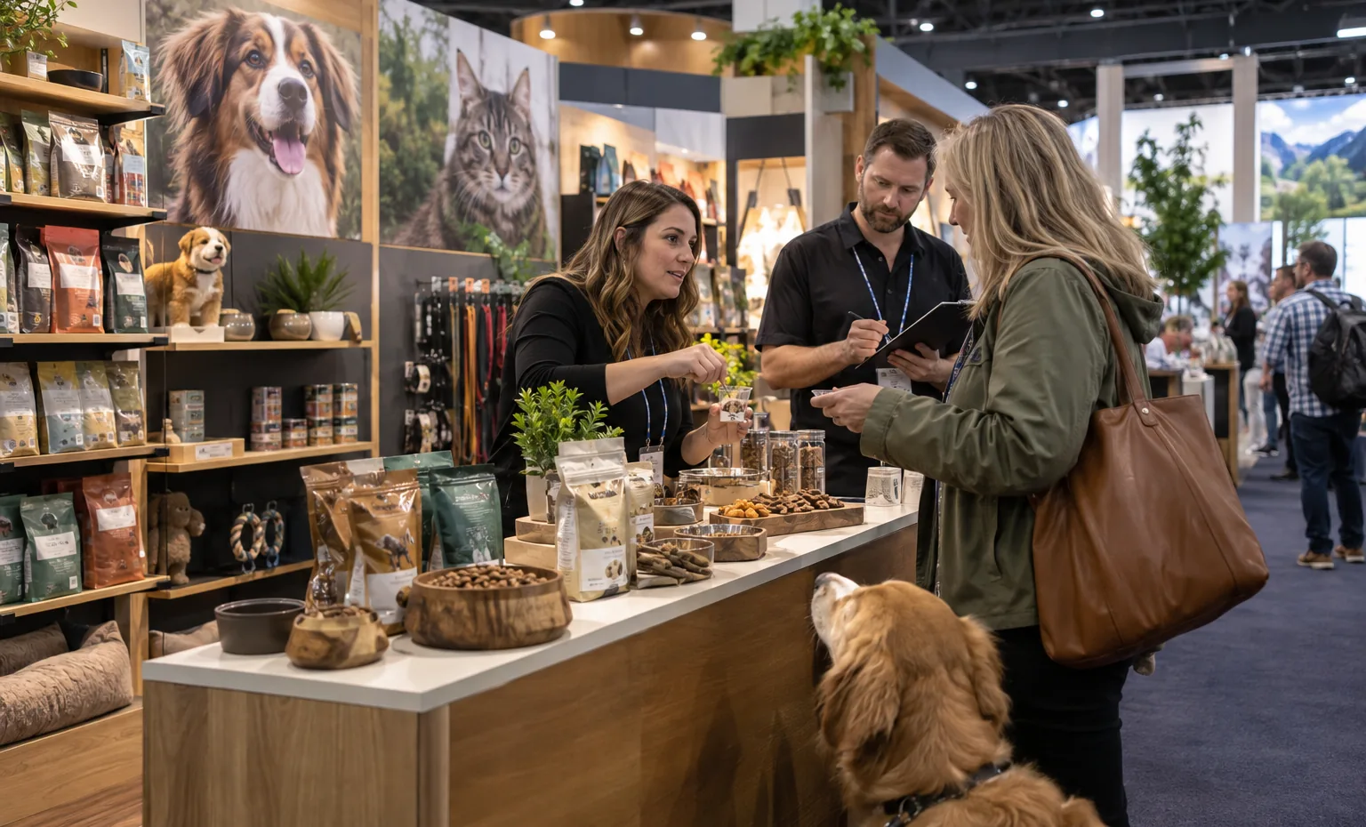 Food and Treats trade show booth a live demonstration counter positioned for clear aisle viewing with staff and visitors interacting