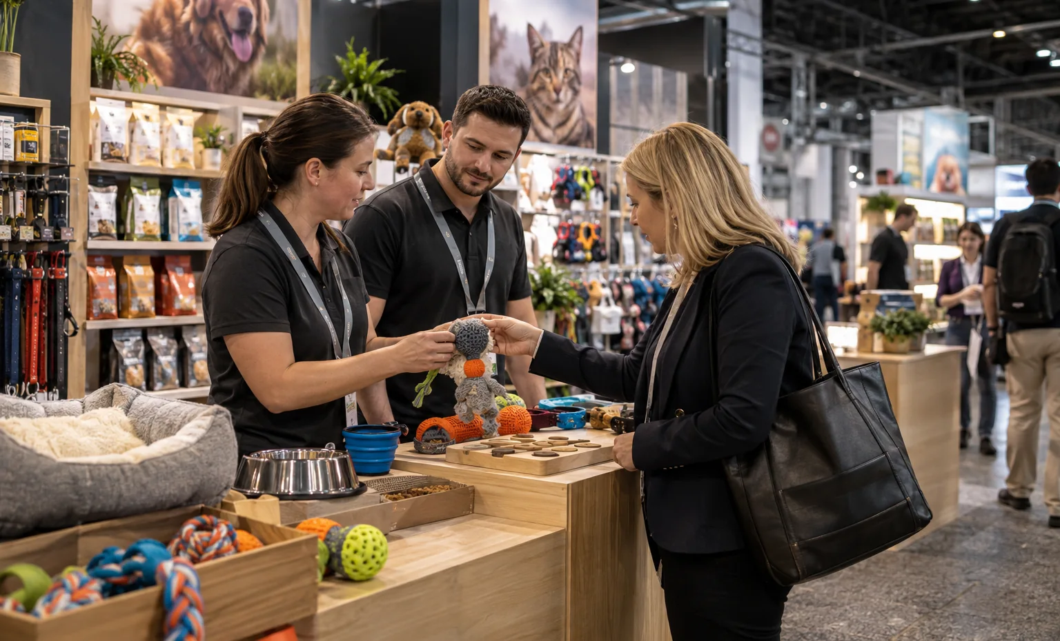Toys, Enrichment and Training trade show booth a live demonstration counter positioned for clear aisle viewing with staff and visitors interacting