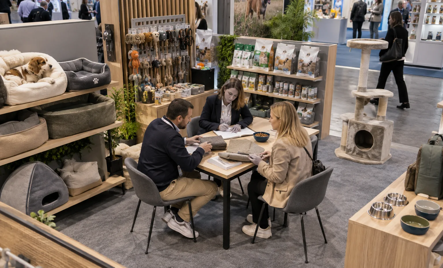 Beds, Habitats and Home Products trade show booth a practical meeting corner beside the product display with a table, chairs and presentation material