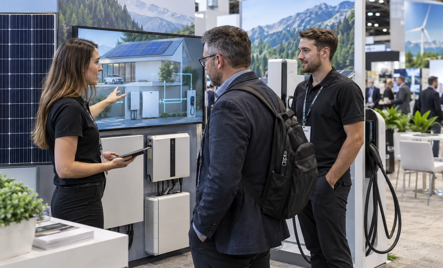 Component Displays Connected to the Complete Energy Story trade show booth an interactive screen and hardware demonstration with a clear operator position