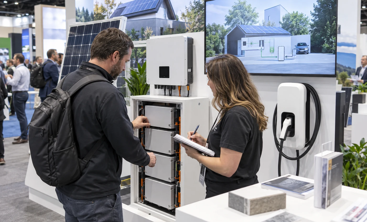Component Displays Connected to the Complete Energy Story trade show booth an interactive screen and hardware demonstration with a clear operator position