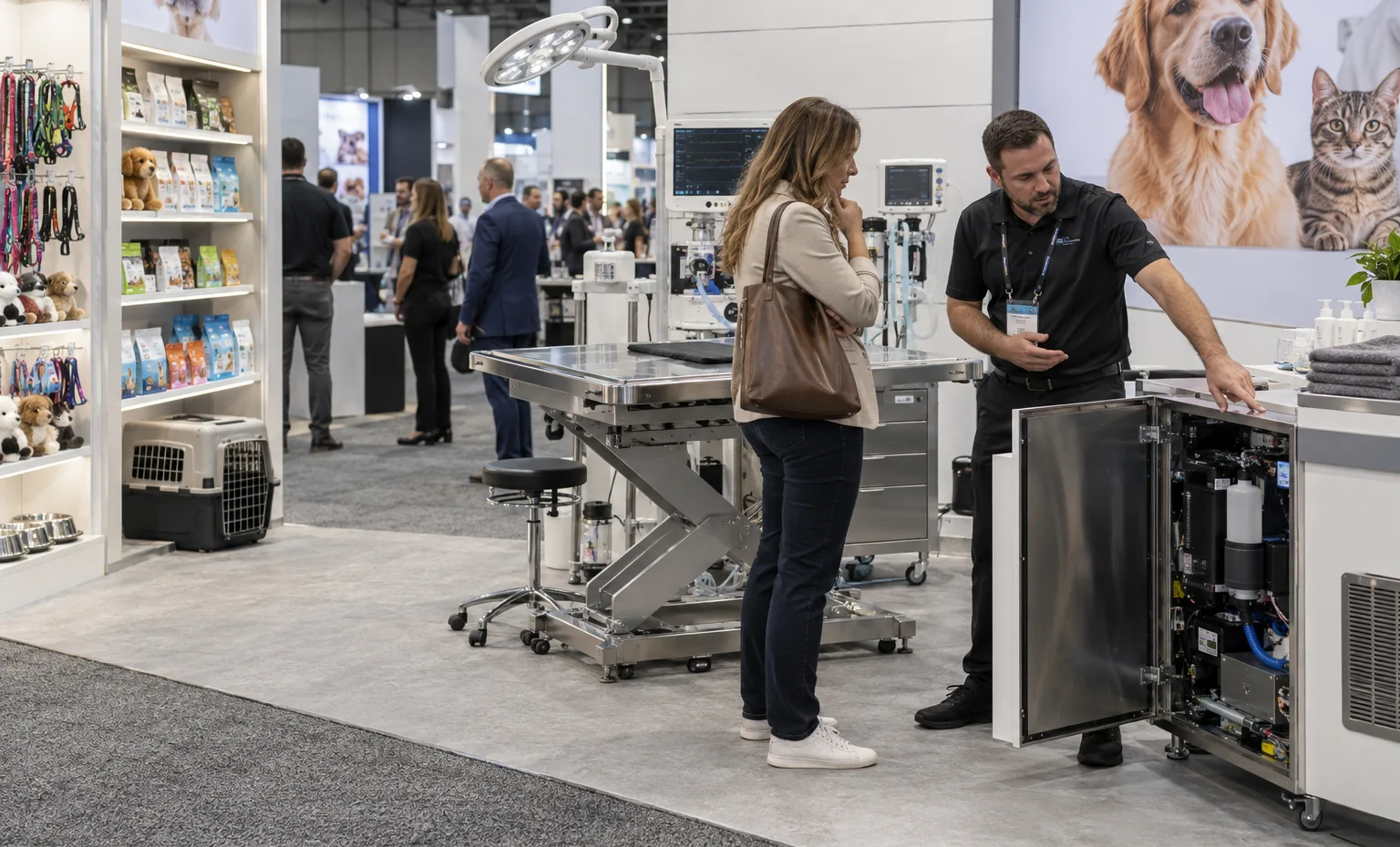 Merchandising and Clinical Demonstrations Need Different Build Decisions trade show booth a full-scale equipment demonstration on a stable booth platform with service access visible