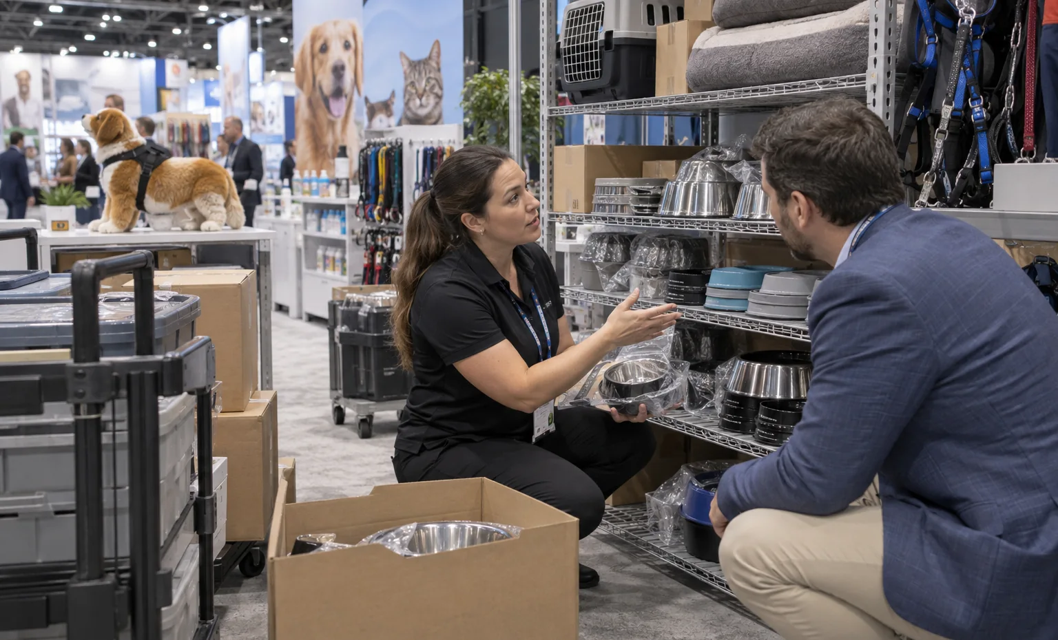 Make the Product Range Easy to Buy trade show booth a realistic back-of-booth logistics and storage operation with cases, carts and organized components