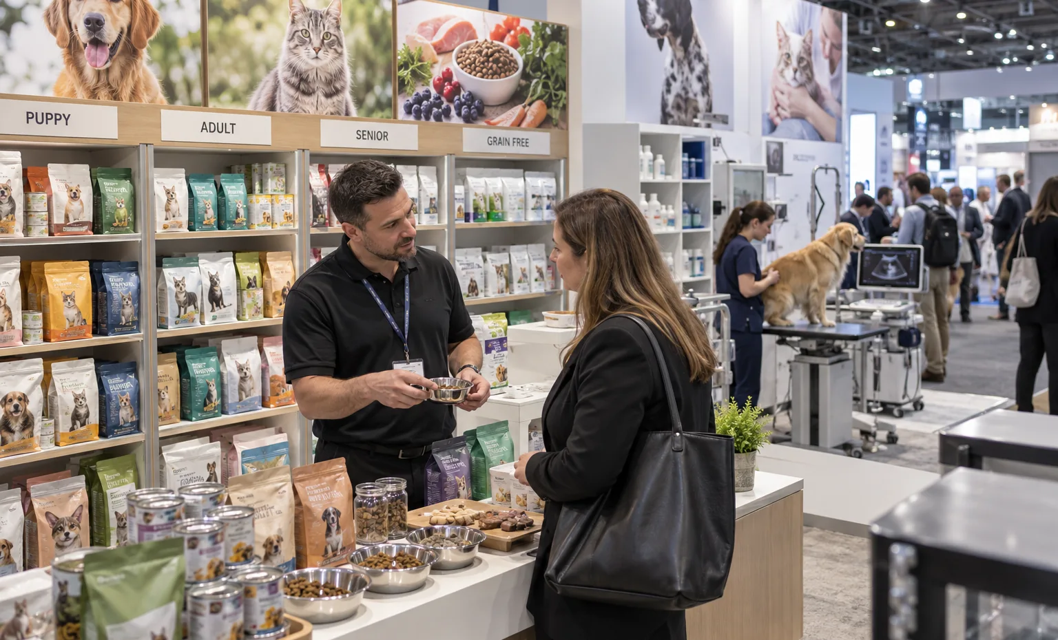 Pet Food, Treats and Consumables trade show booth a live demonstration counter positioned for clear aisle viewing with staff and visitors interacting