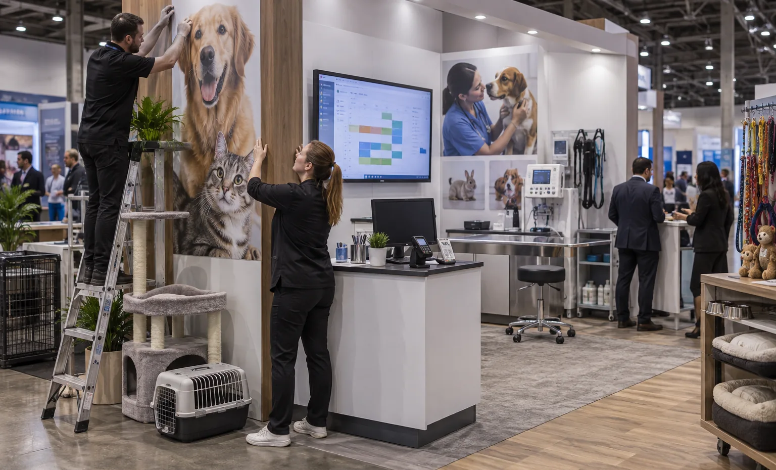 Software and Practice Services trade show booth an interactive screen and hardware demonstration with a clear operator position