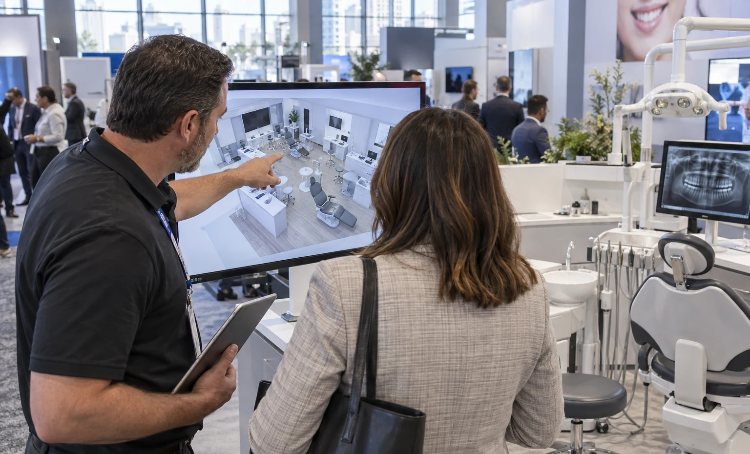 Product Measurements Become Part of the Booth Plan trade show booth an interactive screen and hardware demonstration with a clear operator position
