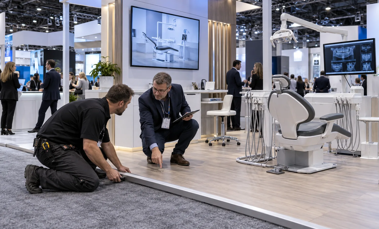 Product Measurements Become Part of the Booth Plan trade show booth an interactive screen and hardware demonstration with a clear operator position