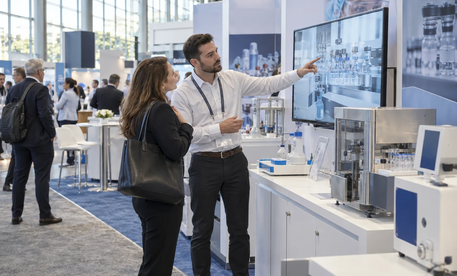One Approved Exhibit Scope for Design, Graphics and Show Preparation trade show booth an interactive screen and hardware demonstration with a clear operator position