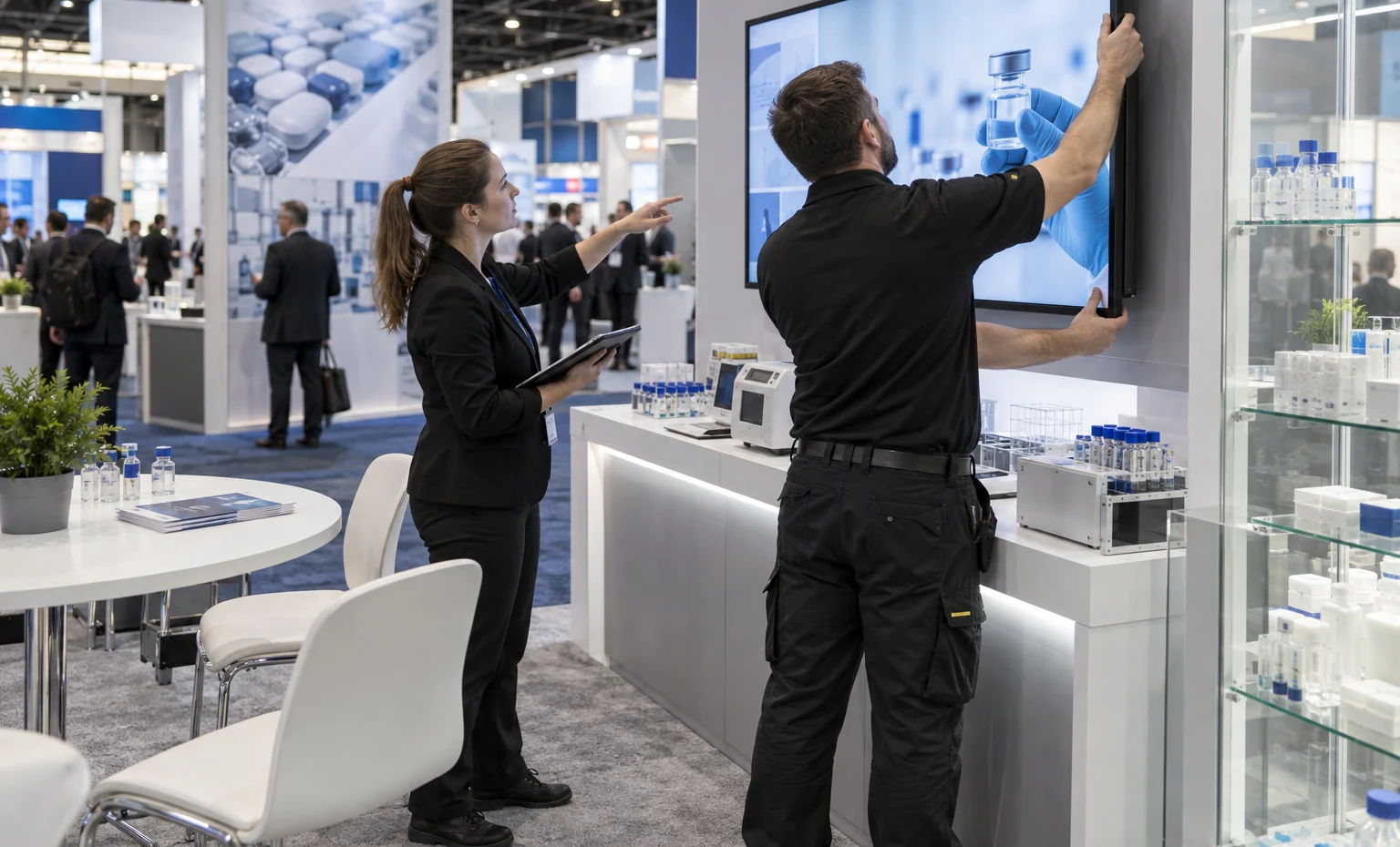 One Approved Exhibit Scope for Design, Graphics and Show Preparation trade show booth an interactive screen and hardware demonstration with a clear operator position