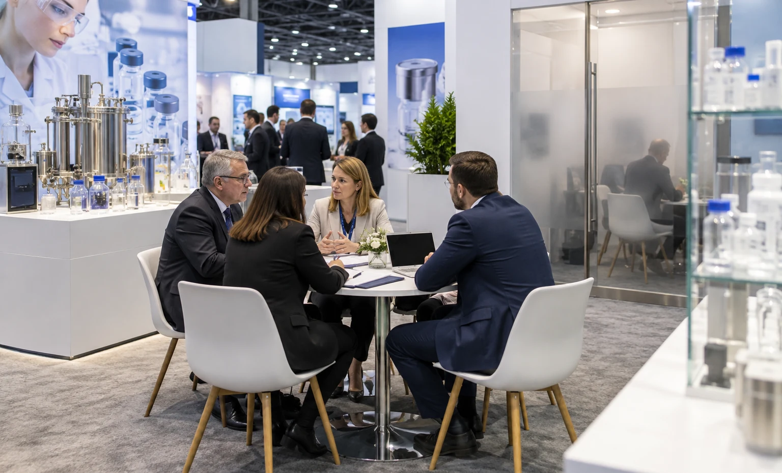Plan the Space Around Scheduled Conversations trade show booth a practical meeting corner beside the product display with a table, chairs and presentation material