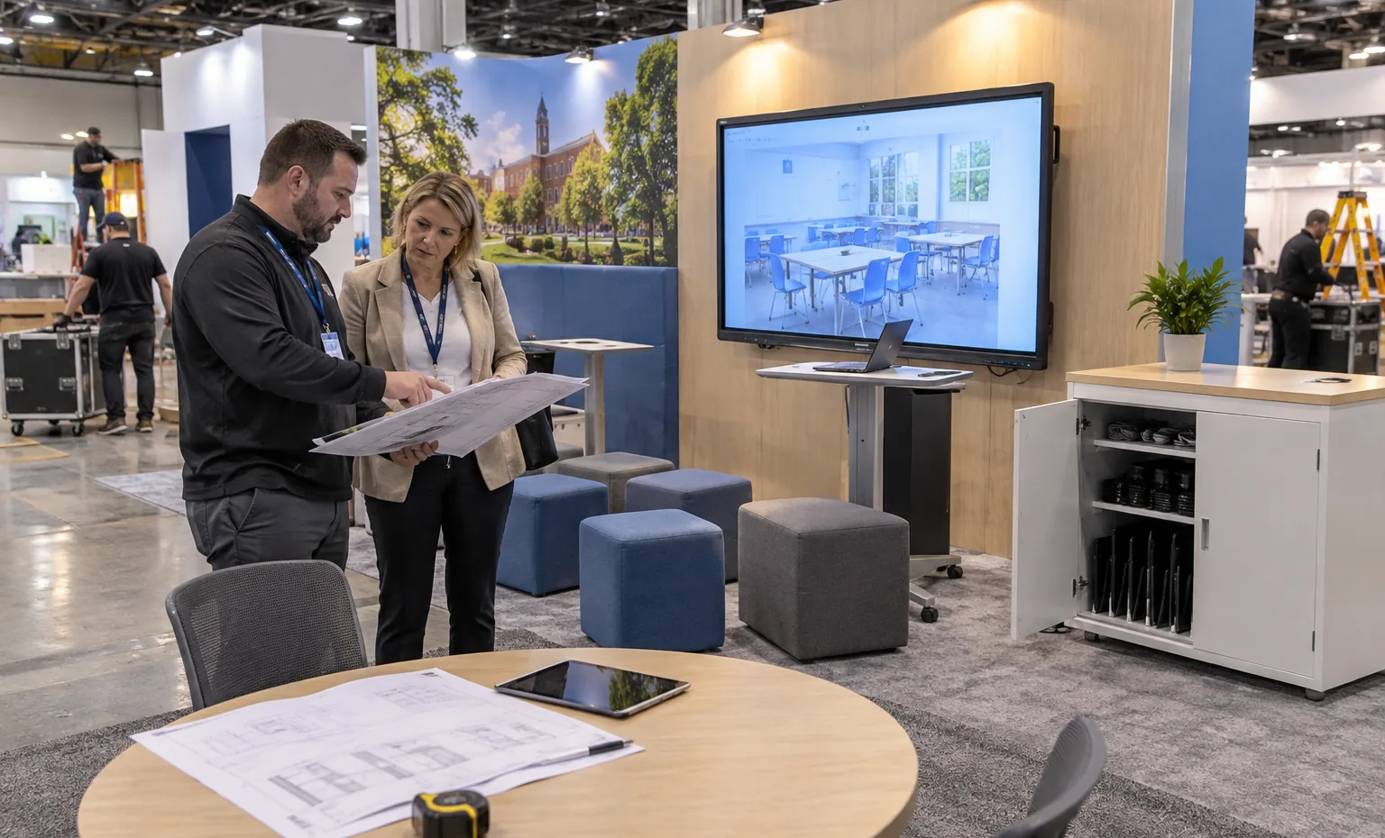 Devices, Presenters and Learners Reviewed in One 3D Plan trade show booth an interactive screen and hardware demonstration with a clear operator position