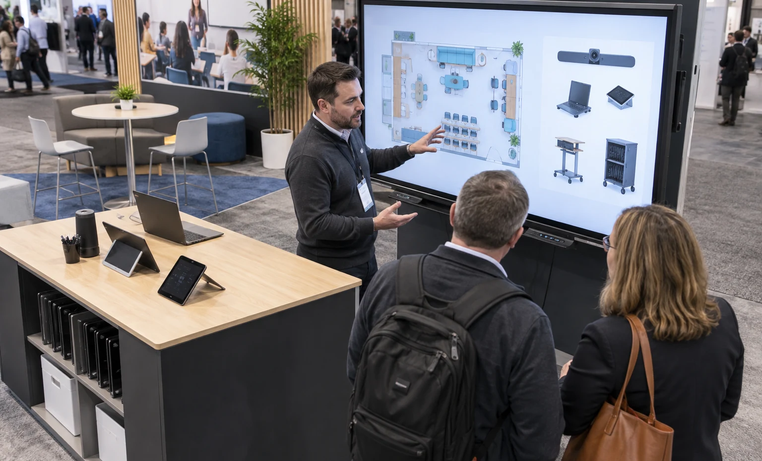 Devices, Presenters and Learners Reviewed in One 3D Plan trade show booth an interactive screen and hardware demonstration with a clear operator position