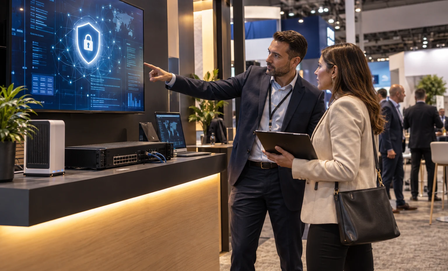 The Technology Plan Is Reviewed with the Exhibit, Not Added Later trade show booth an interactive screen and hardware demonstration with a clear operator position