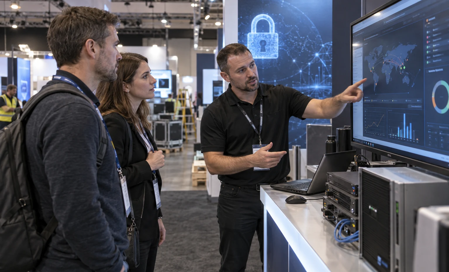 The Technology Plan Is Reviewed with the Exhibit, Not Added Later trade show booth an interactive screen and hardware demonstration with a clear operator position