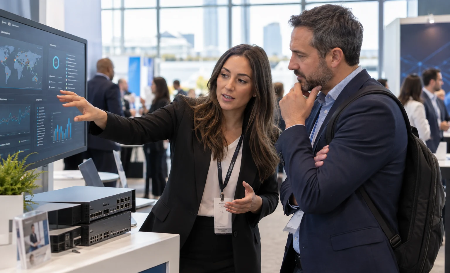 Demonstrate the Product with Safe, Approved Data trade show booth an interactive screen and hardware demonstration with a clear operator position