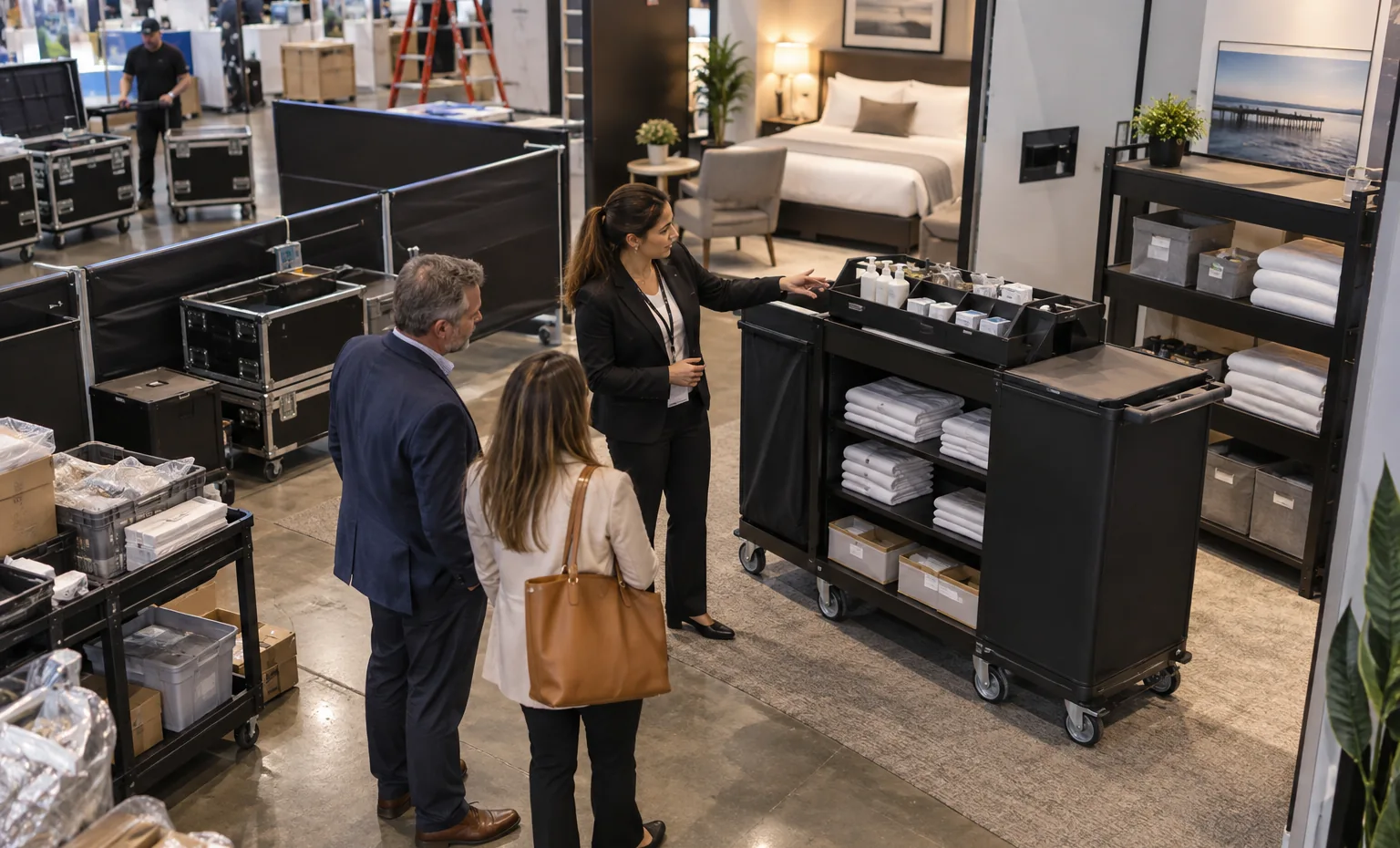 Build a Vignette That Still Works as a Trade Show Display trade show booth a realistic back-of-booth logistics and storage operation with cases, carts and organized components