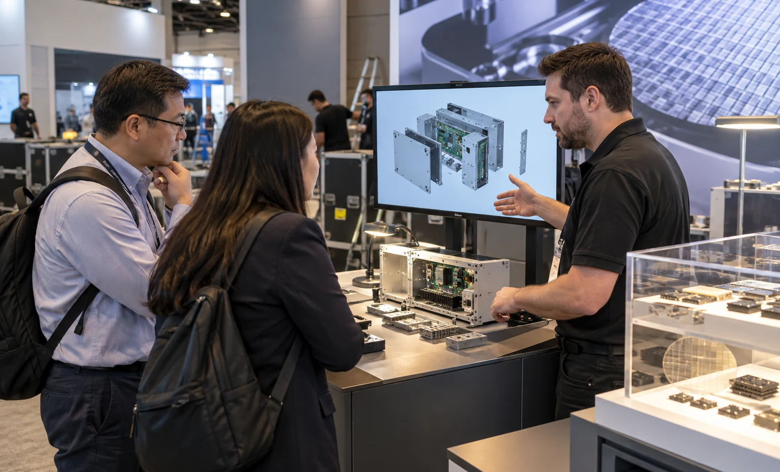 Measured Product Interfaces Carried Through 3D Review trade show booth an interactive screen and hardware demonstration with a clear operator position