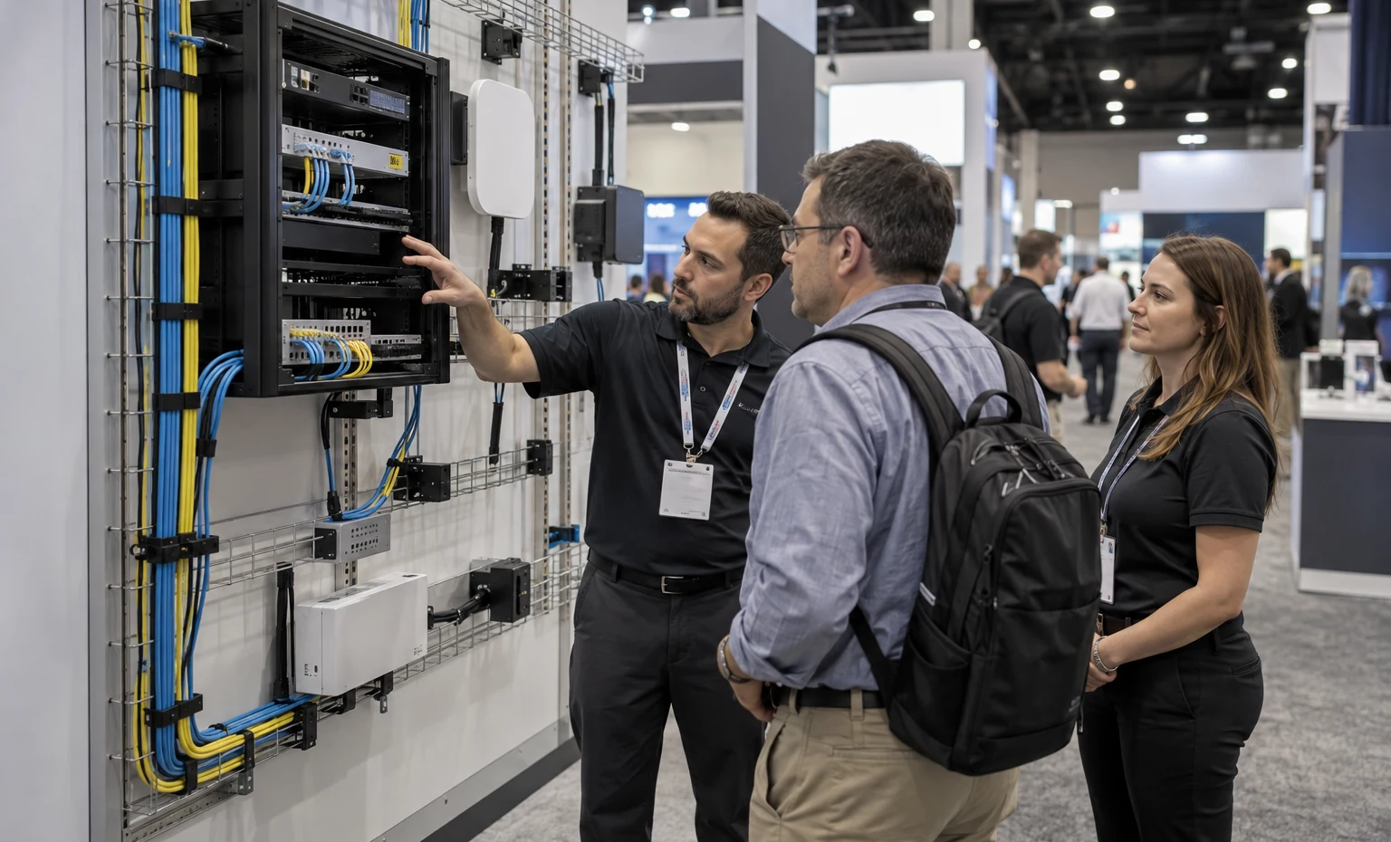 Cable Paths and Device Mounting Stay in the Same Build Plan trade show booth an interactive screen and hardware demonstration with a clear operator position