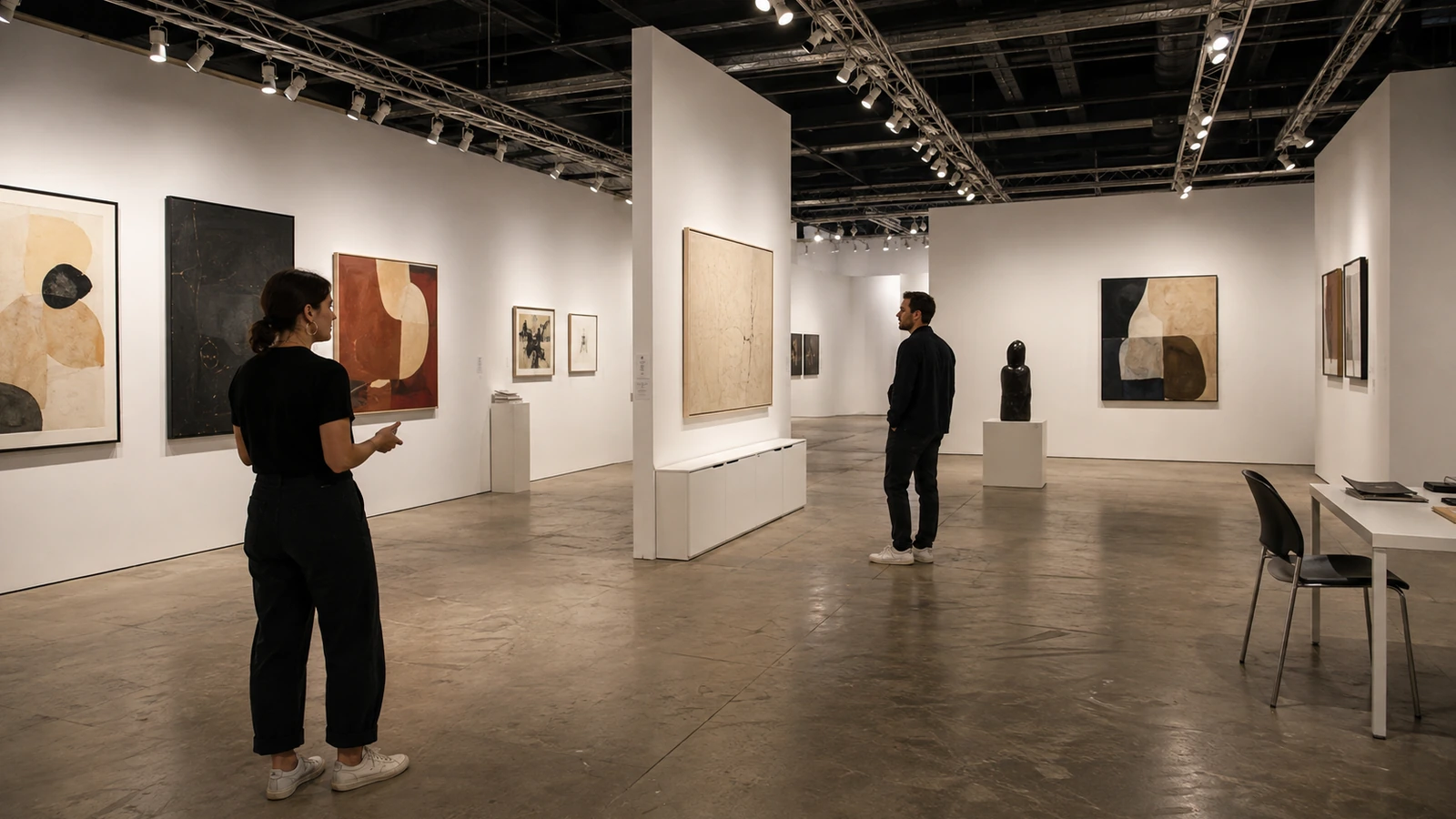 Gallery staff reviewing artwork spacing, visitor clearance, storage, and lighting in an art fair stand