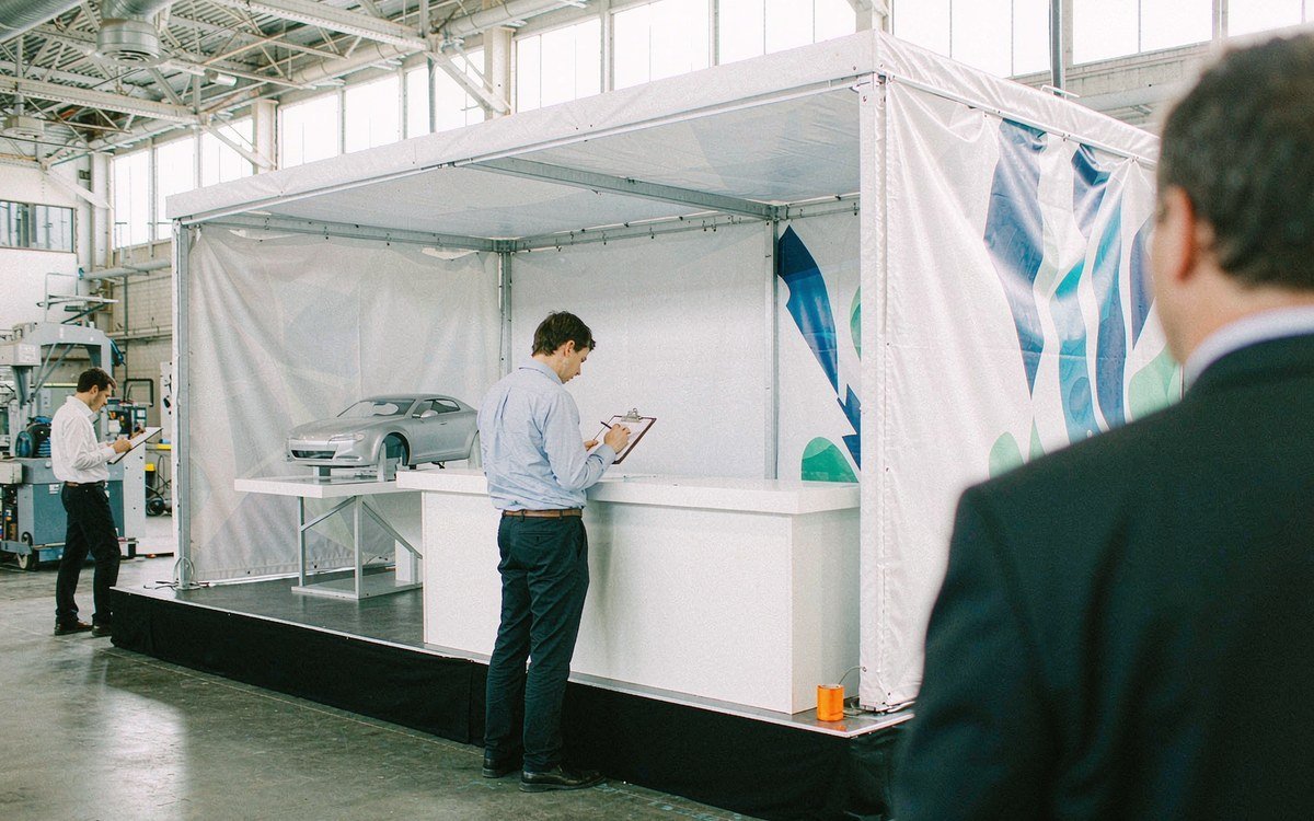 America’s Largest RV Show booth rental – pre-show build check before the booth ships