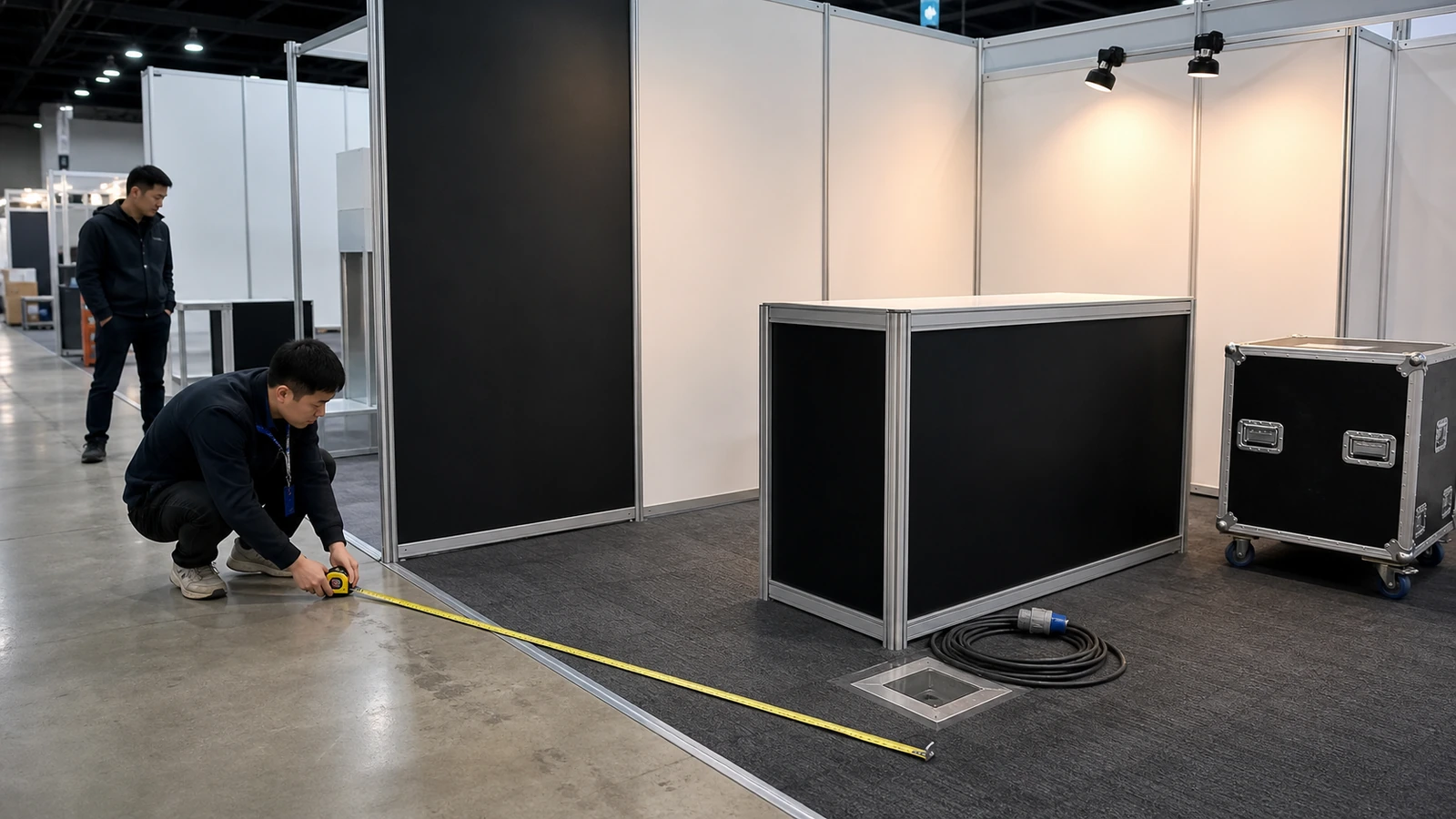 Project manager reviewing booth footprint and exhibit service requirements