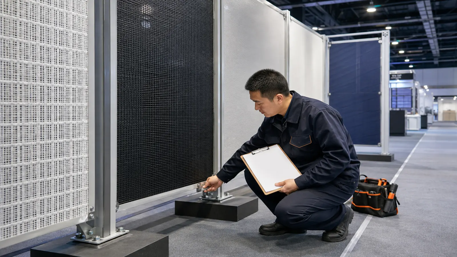 Technician checking textile booth fixtures and display-rule compliance