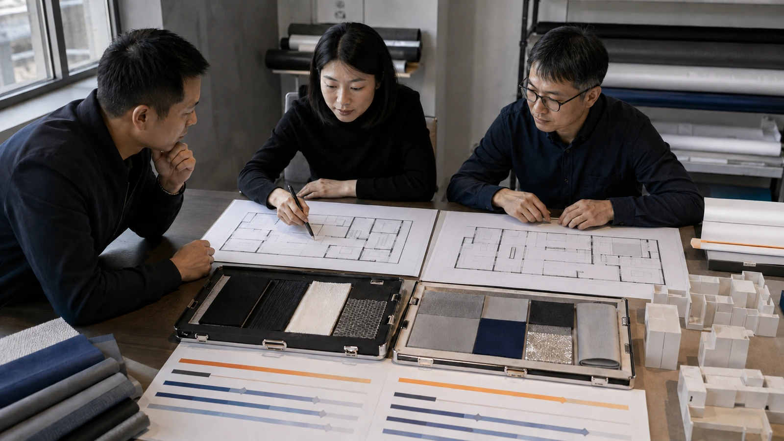 Exhibitor team comparing two advanced textiles trade show plans