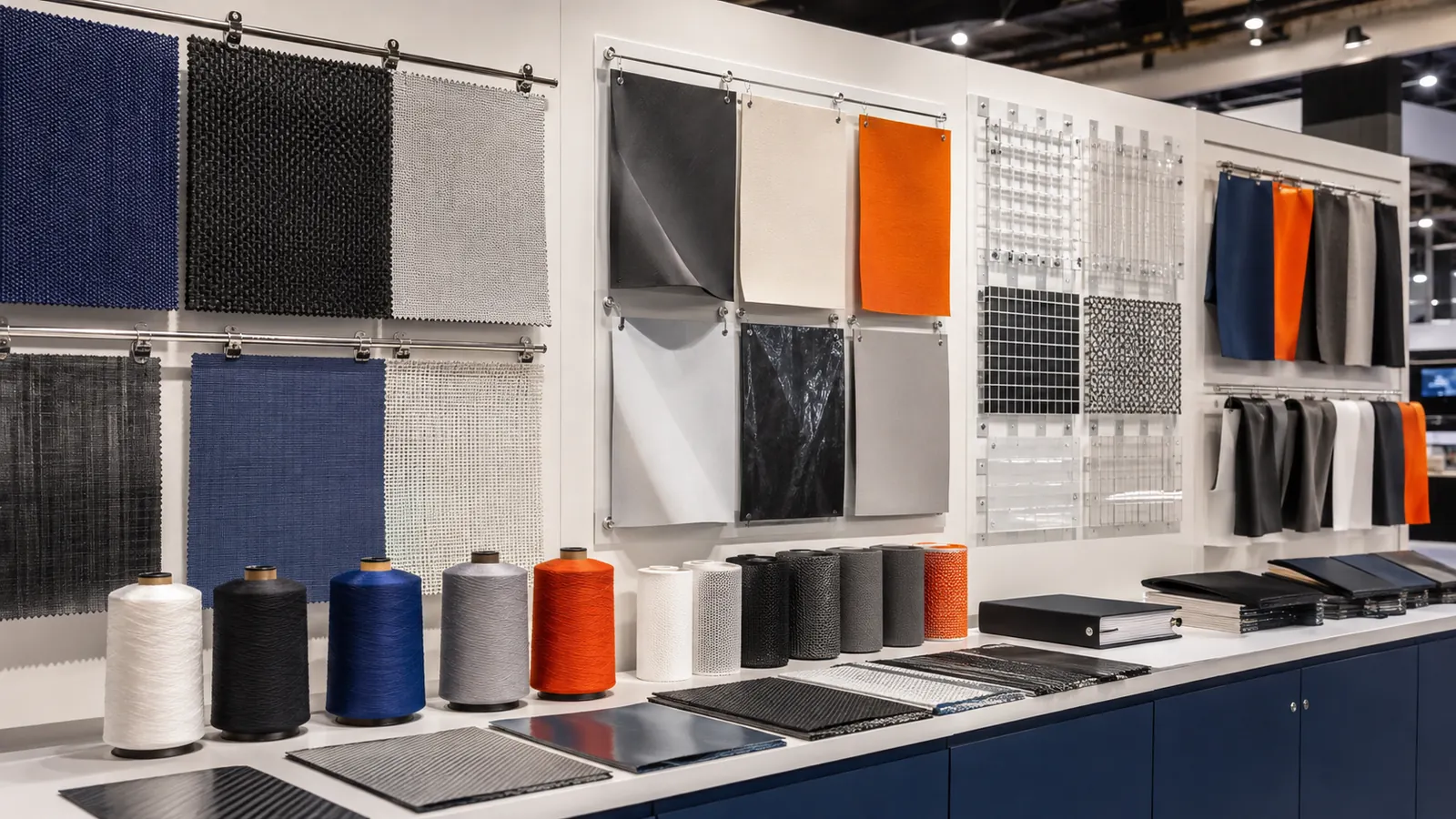 Technical textile samples displayed for industrial buyers at a trade show