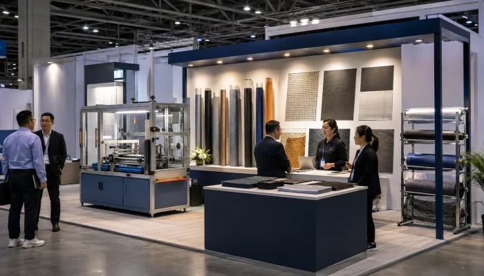Advanced textiles exhibition booth with technical fabrics and process equipment
